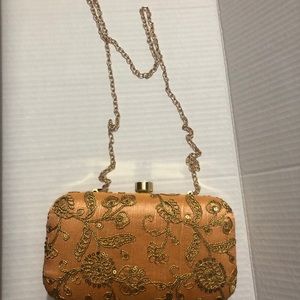 Womens  Clutch With Gold Sequins And Beading With Detachable Chain